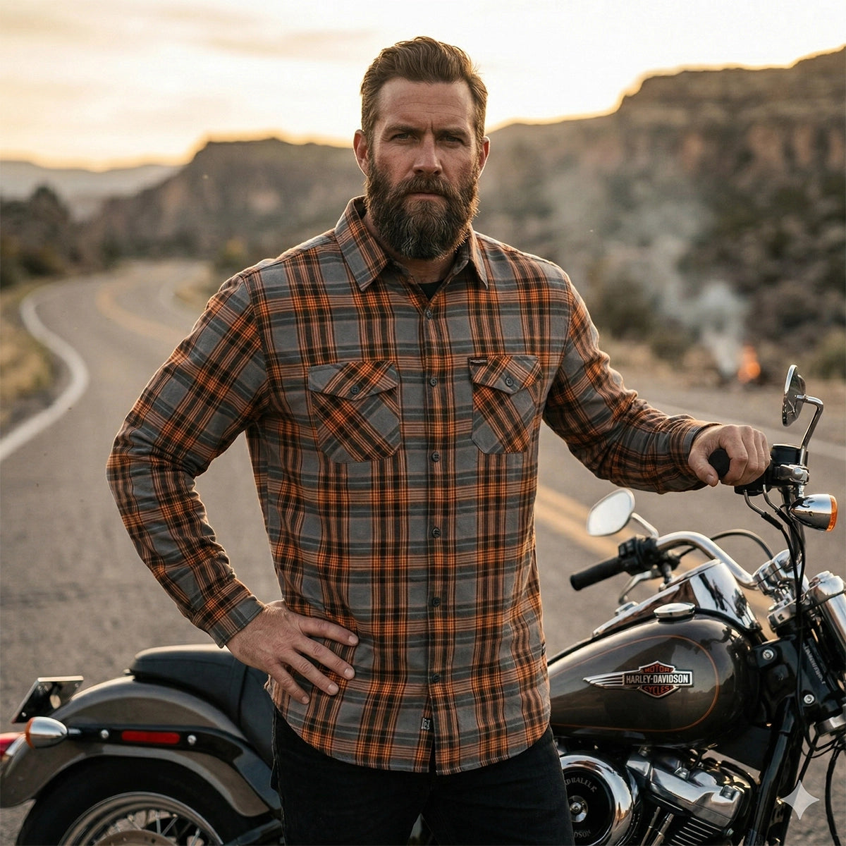 Gray and Orange Men's Motorcycle Flannel Shirt