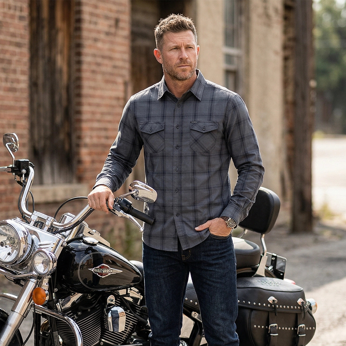 Reaper - Blue and Grey Men's Motorcycle Flannel Shirt