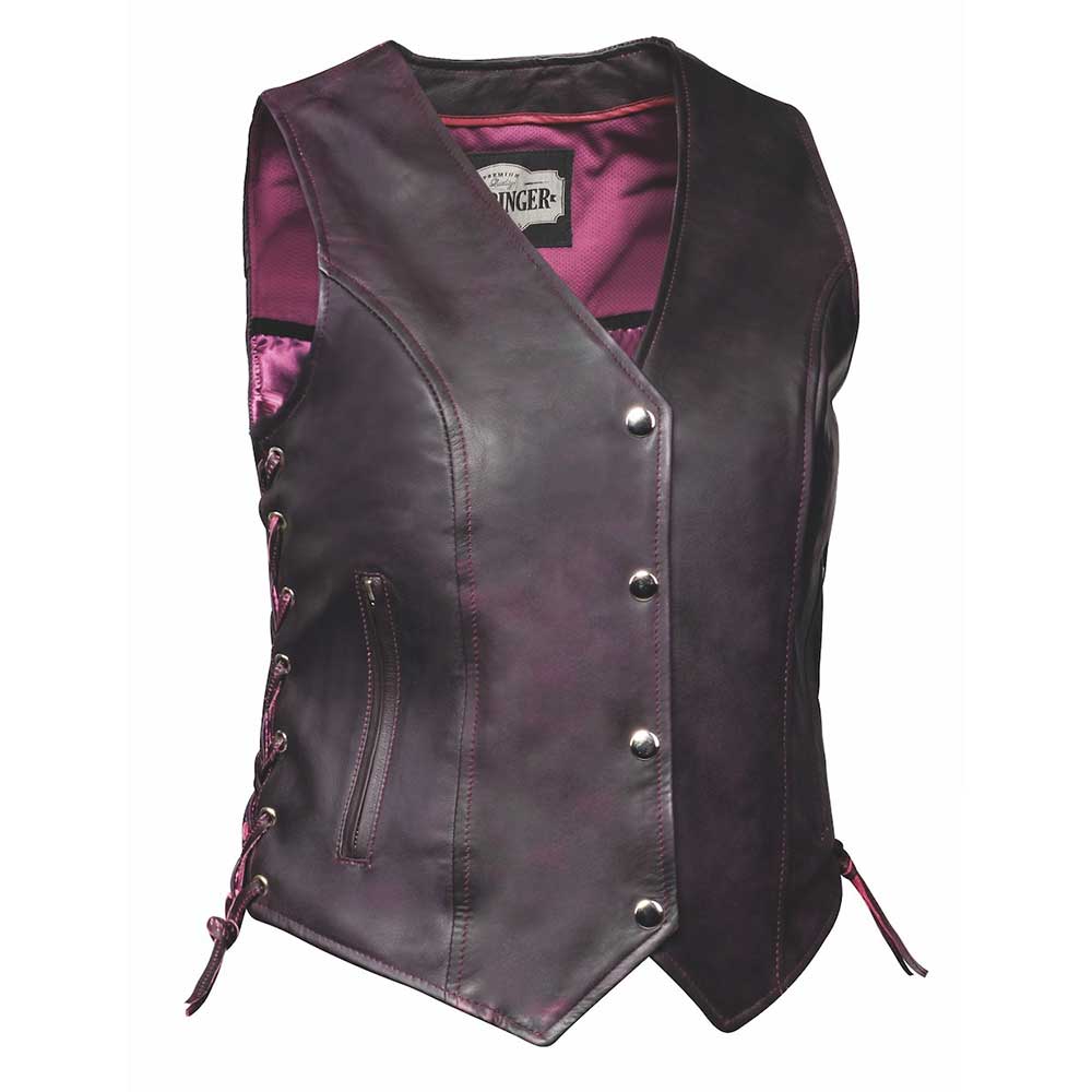 Style # 6897.17 epitomizes timeless elegance and functionality with a ladies' premium traditional vest crafted from luxurious lambskin leather