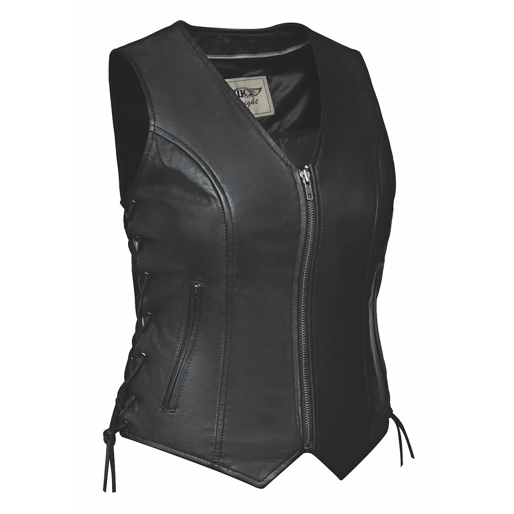 Unik Premium combines cowhide leather construction, two exterior zippered pockets, two interior concealed carry pockets, antique brass hardware, side laces for fit adjustment, and a front zipper closure.