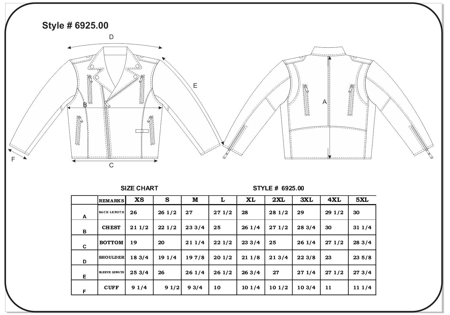 size chart for a jacket with dimensions 