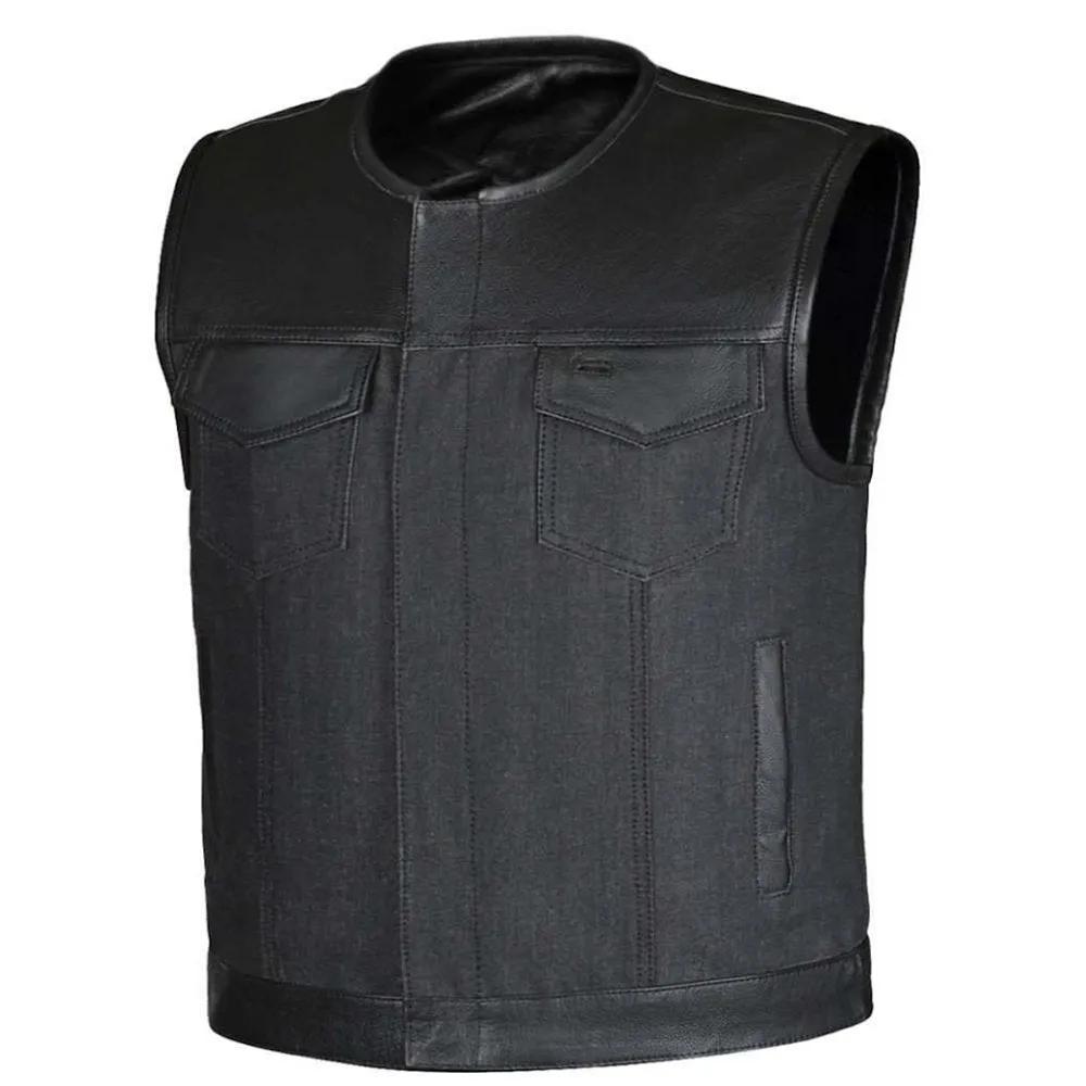 Men’s black hybrid club vest featuring a no-collar design with denim body panels and leather shoulders, front snap closures, and side lacing for a custom fit.