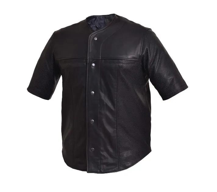Men’s premium black leather shirt with a button front, chest pockets, and a sleek, tailored fit for a confident, stylish look.