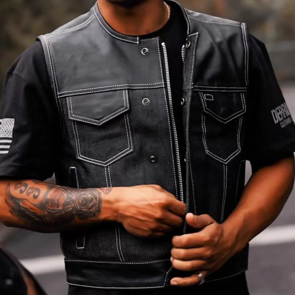 Men’s Lawless club vest featuring a black denim body with leather shoulders and trim, snap front closures, and side lacing for adjustable fit and classic biker style.