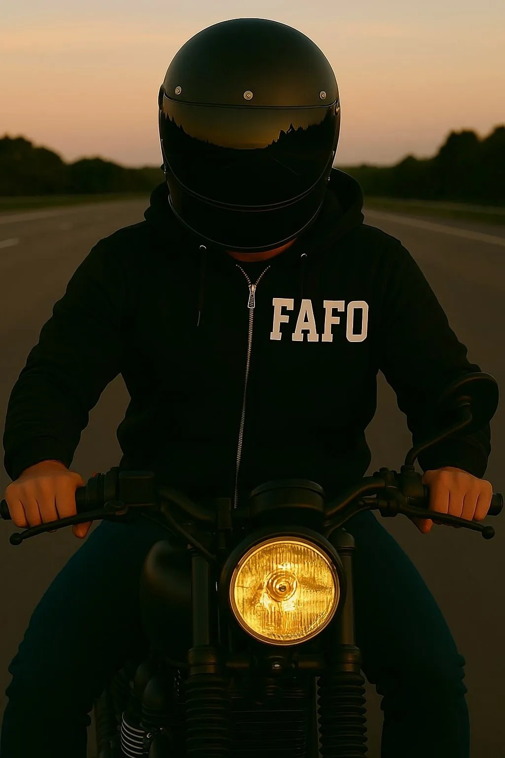 Men’s black FAFO motorcycle hoodie with reflective lettering on the front, reinforced construction, and a comfortable fit designed for bikers.