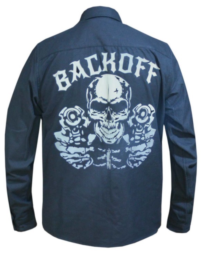 Black shirt with a skull and crossbones design and 'BACKOFF' text on the back, on a white background.