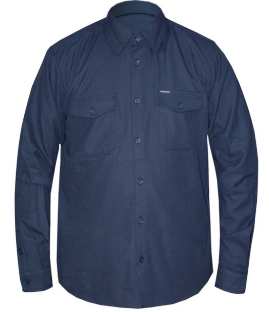 Black long-sleeve shirt with two front pockets on a white background