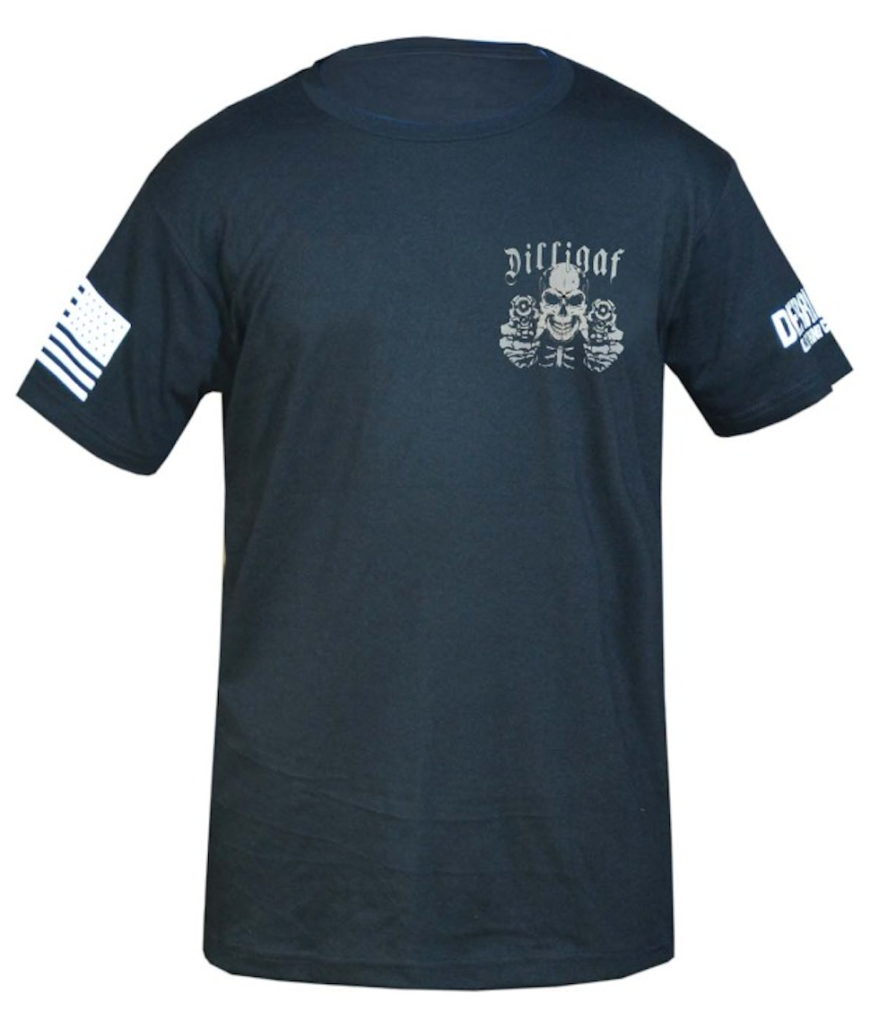 Black t-shirt with white graphics and text on a white background