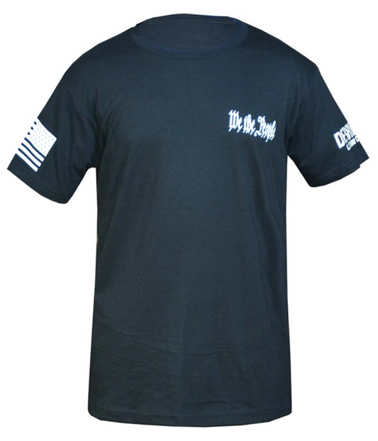 Black t-shirt with We the People white text and graphics on a white background