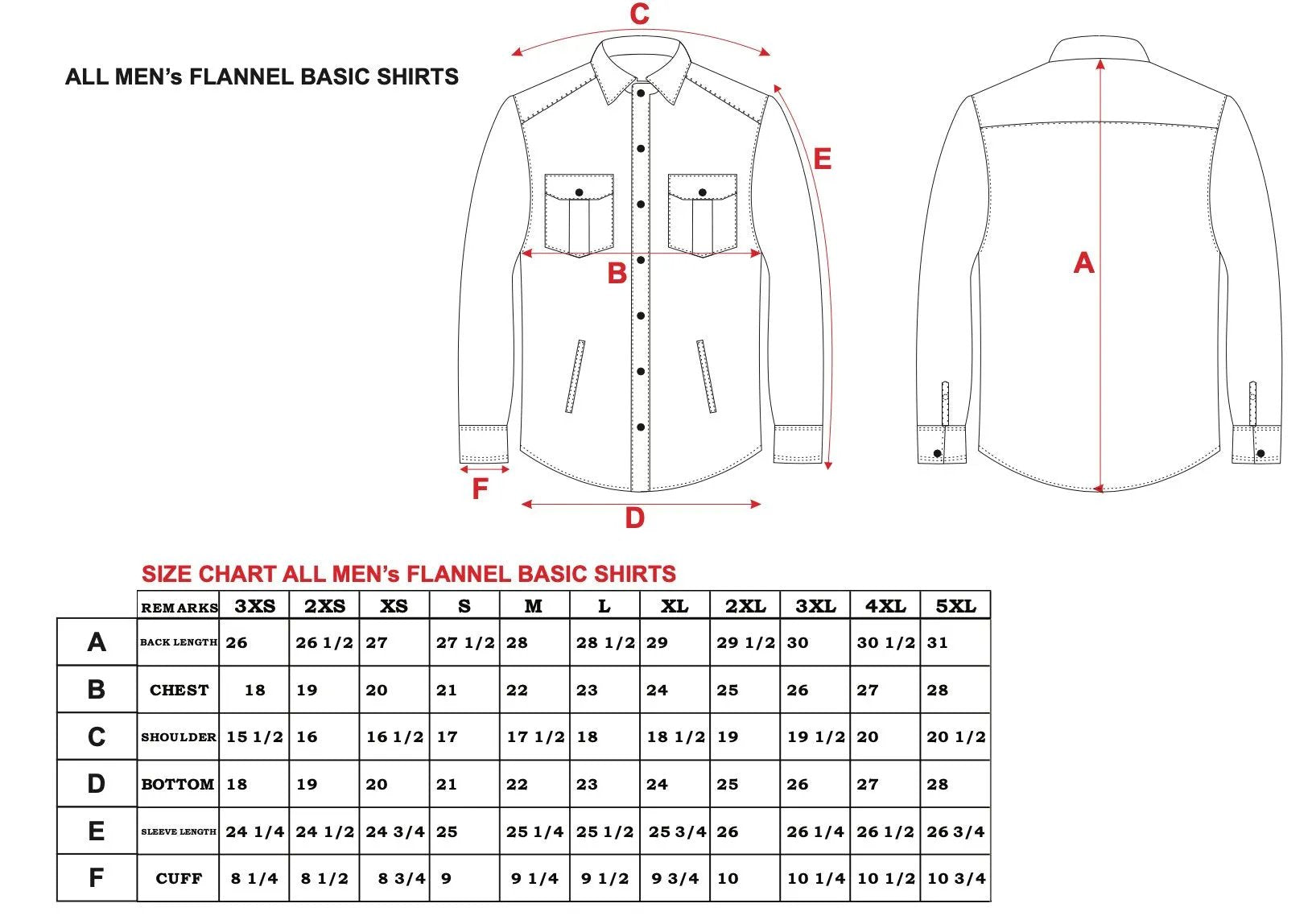 Men's Black and Gray Flannel Shirt - size chart 