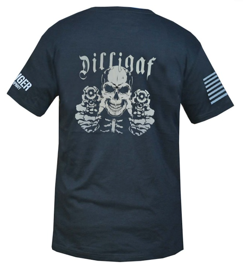 Black t-shirt with a skull and gun design on the back, featuring the brand 'Dilligaf'.