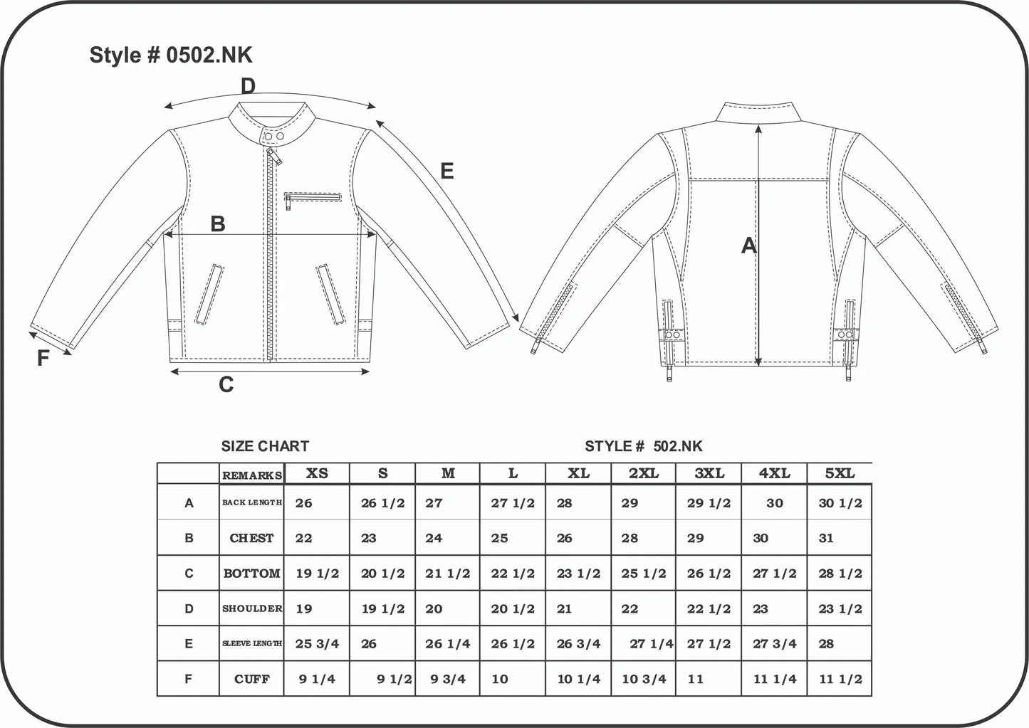 leather jacket size chart 2