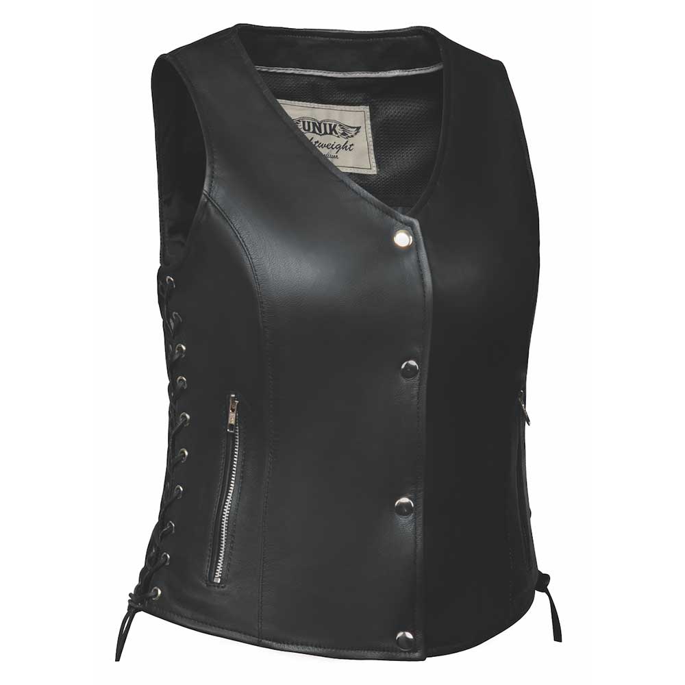  Unik Lightweight Premium combines soft goatskin leather construction, a flattering fit, functional features such as two exterior zippered pockets and two interior concealed carry pockets, side laces for adjustment, silver hardware, and a snap front main closure. 