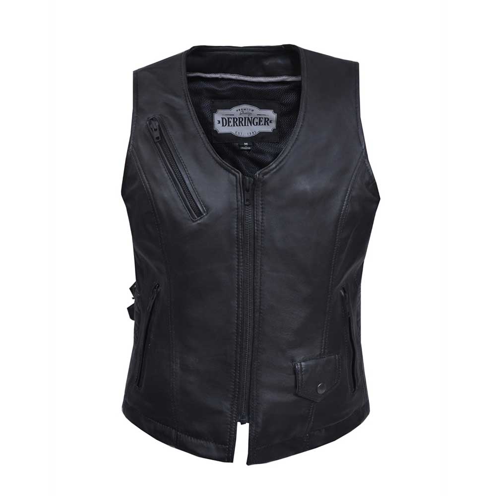 Style # 6893.LA embodies timeless elegance and practicality with a ladies' premium zippered vest crafted from lightweight lambskin leather