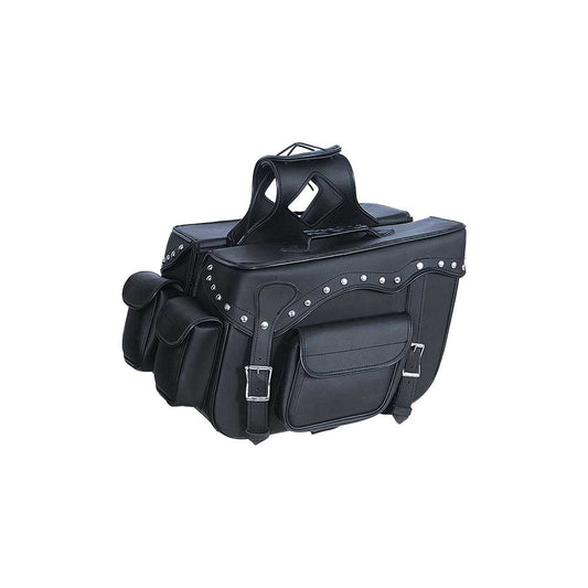 Unik's Style # 9327.ZP features a PVC saddle bag in sleek black, known for its durability. It offers ample storage space. Made in Pakistan.