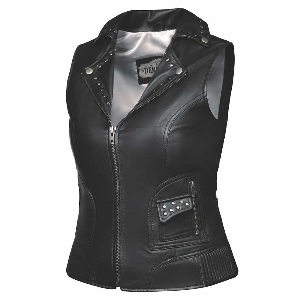 The Ladies PREMIUM leather vest by Unik Premium features lambskin leather construction, Antique Silver hardware, 2 exterior pockets, 2 interior pockets, and is available in sizes XS to 5XL.