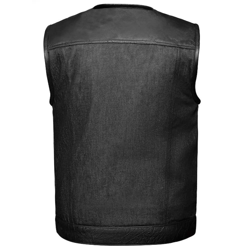 Men’s black hybrid club vest featuring a no-collar design with denim body panels and leather shoulders, front snap closures, and side lacing for a custom fit.