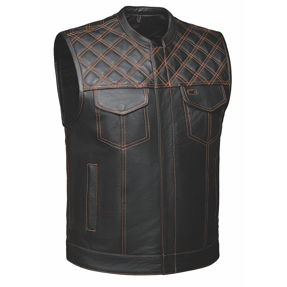 Made from cowhide leather with a diamond stitch pattern, it includes four exterior pockets, two inside concealed carry pockets.