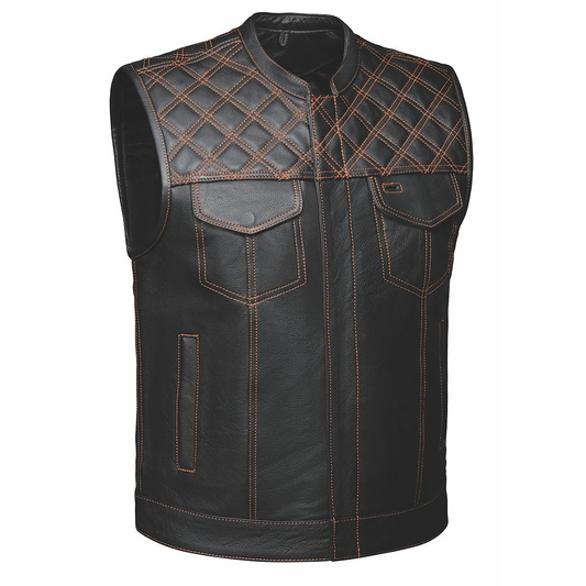 Made from cowhide leather with a diamond stitch pattern, it includes four exterior pockets, two inside concealed carry pockets.