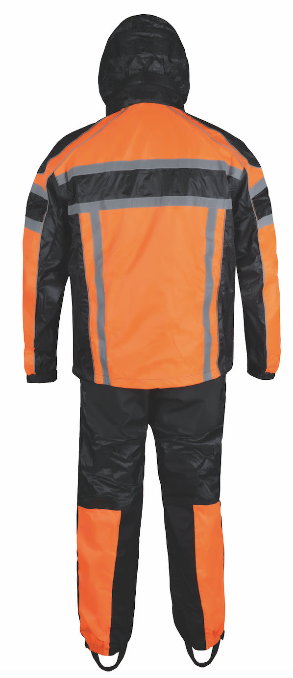 men orange and black rain suit