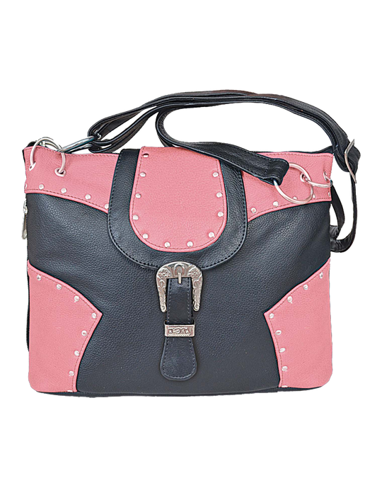 Pink and black handbag with a buckle 