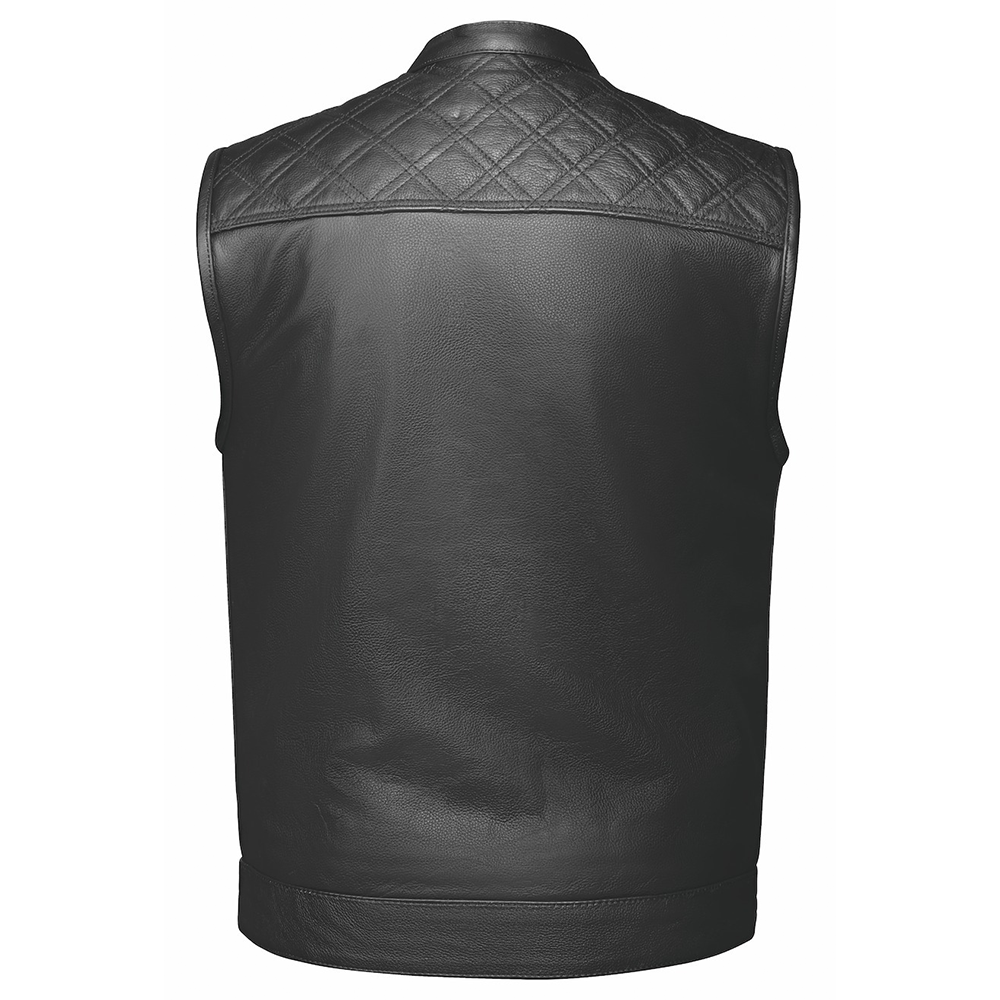 Made from cowhide leather with a diamond stitch pattern, it includes four exterior pockets, two inside concealed carry pockets, a zip snap main closure.