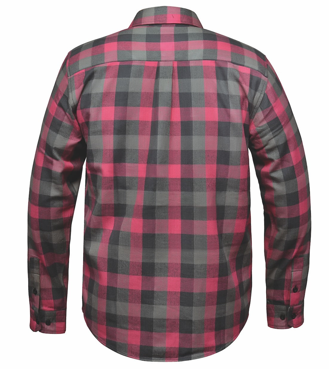 red and black plaid shirt form back
