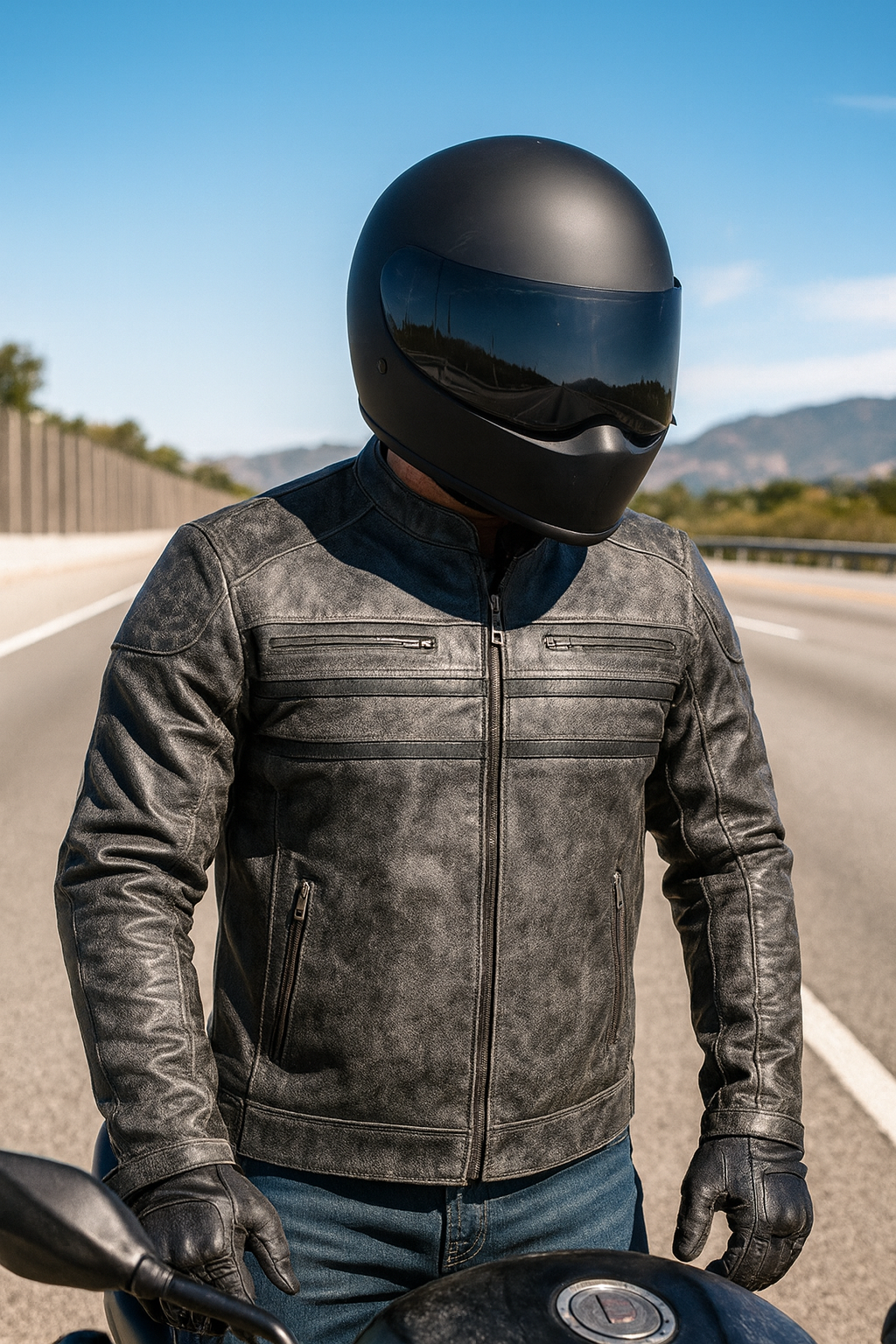 Person wearing a black leather jacket and helmet on a road 