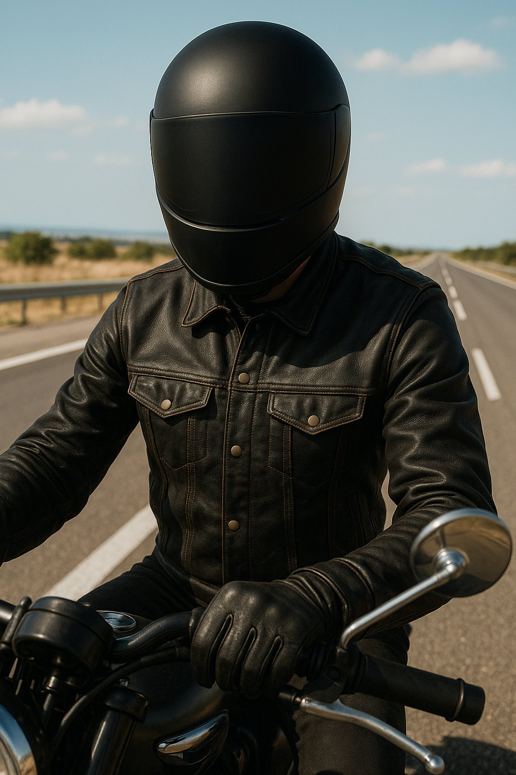brown leather jacket and helmet for rider