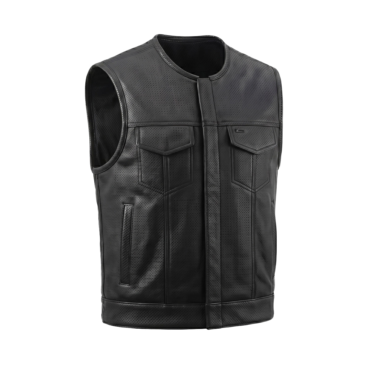 Mens Short Leather Perforated Club Vest - Black