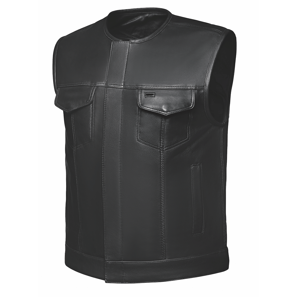 PREMIUM Collarless Club Vest by Silver Bike combines premium cowhide leather with a collarless design for a contemporary twist on classic motorcycle apparel.