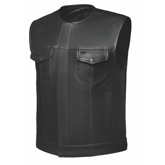 PREMIUM Collarless Club Vest by Silver Bike combines premium cowhide leather with a collarless design for a contemporary twist on classic motorcycle apparel.