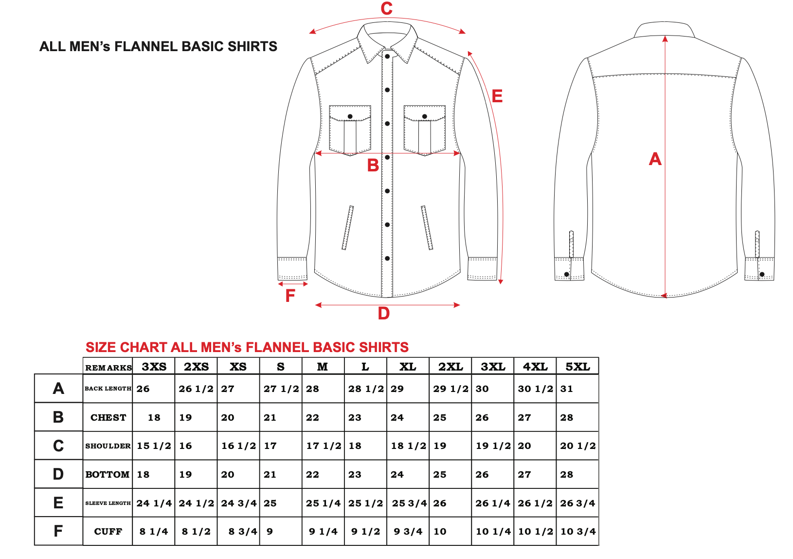 Size chart for all men's flannel basic shirts with shirt diagram 