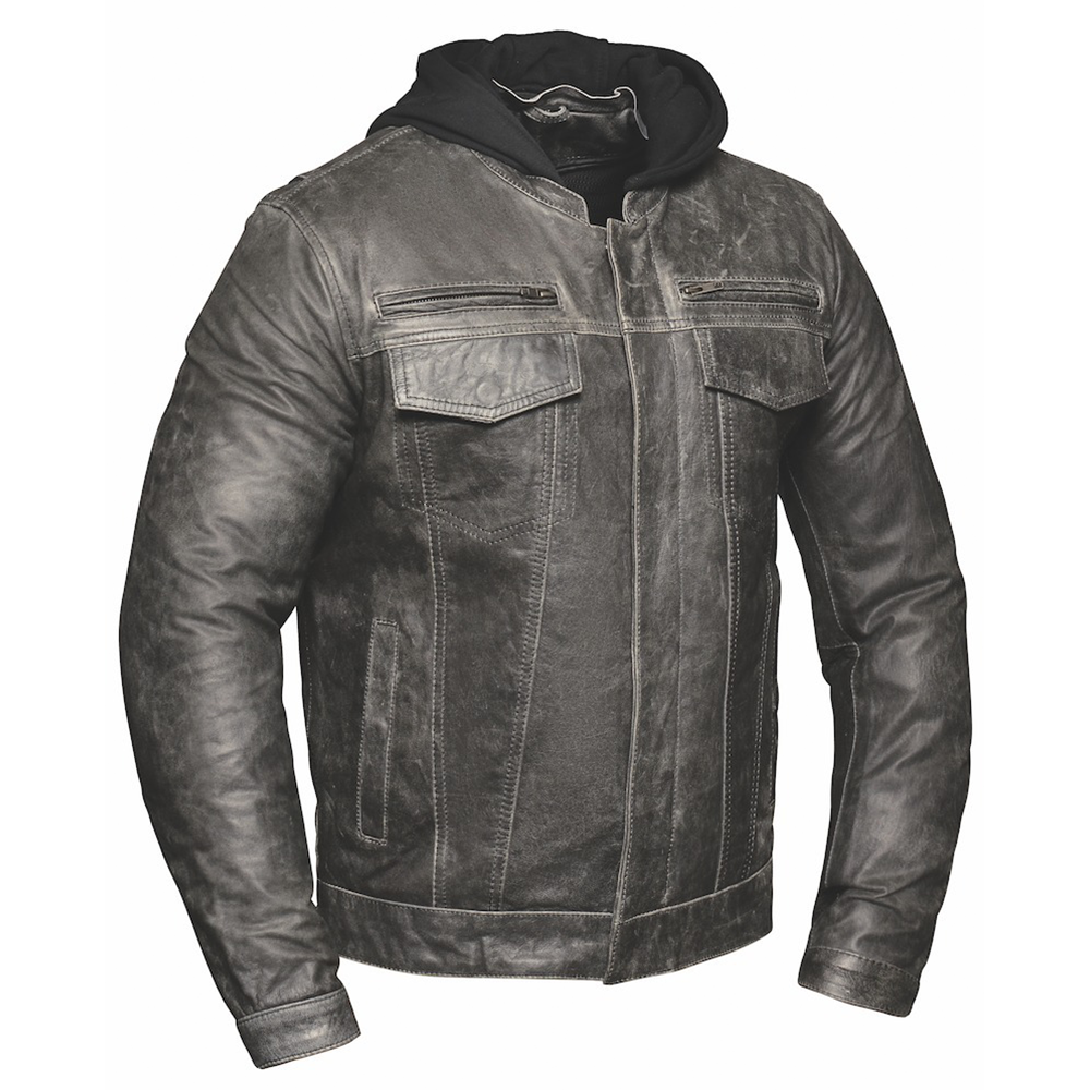 . Crafted from durable cowhide leather in a distinctive distressed gray color, this jacket features a unique hoody design, advanced venting, and ample storage options, making it an essential choice for motorcycle enthusiasts and urban adventurers