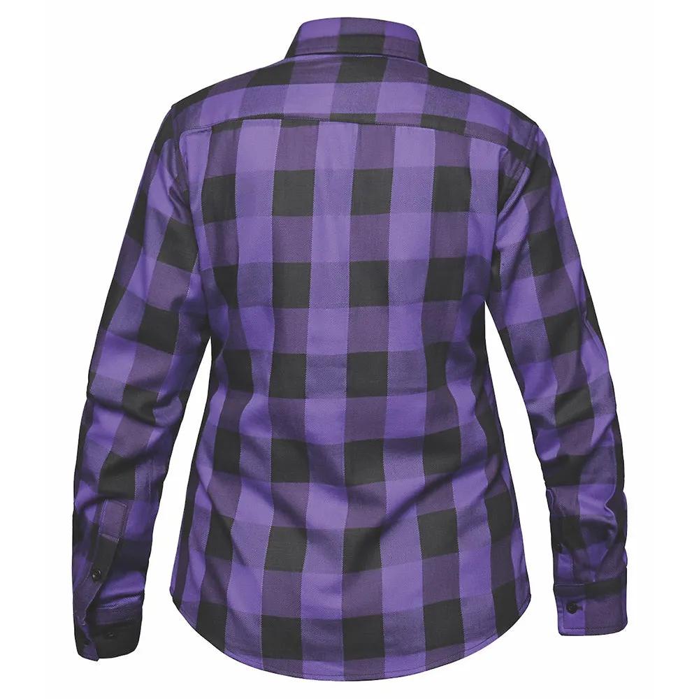This black and purple riding flannel is crafted from cotton and features removable armor, combining fashion-forward design with essential safety features for comfort and protection on the road