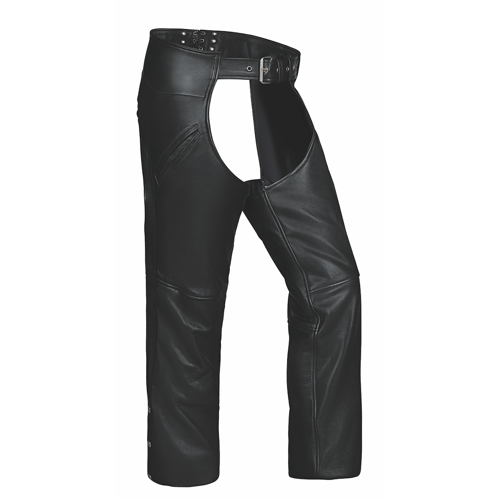 Unik Premium leather chaps designed for durability and style. With reinforced stitching, silver hardware, and an adjustable fit, these chaps are ideal for bikers