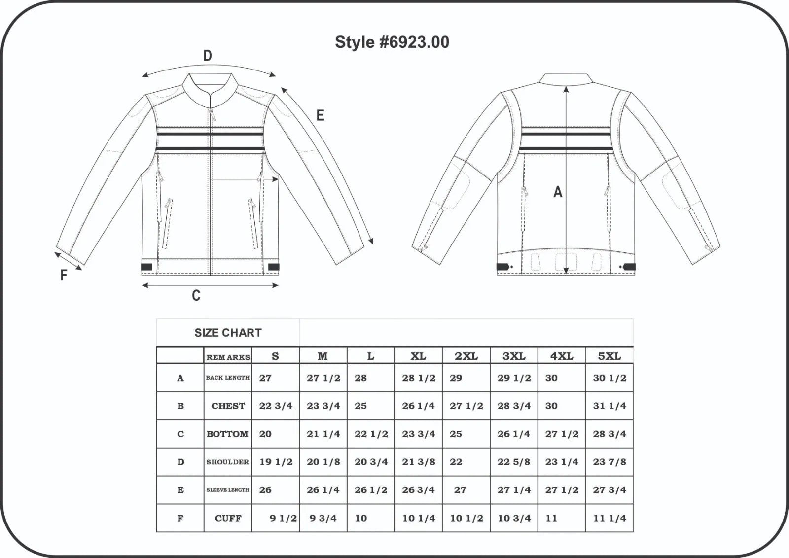 jacket size chart with diagram
