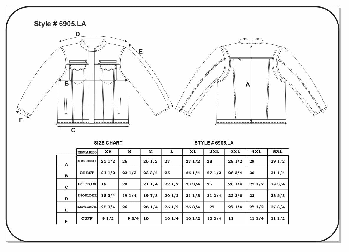 jacket with measurement labels and a size chart