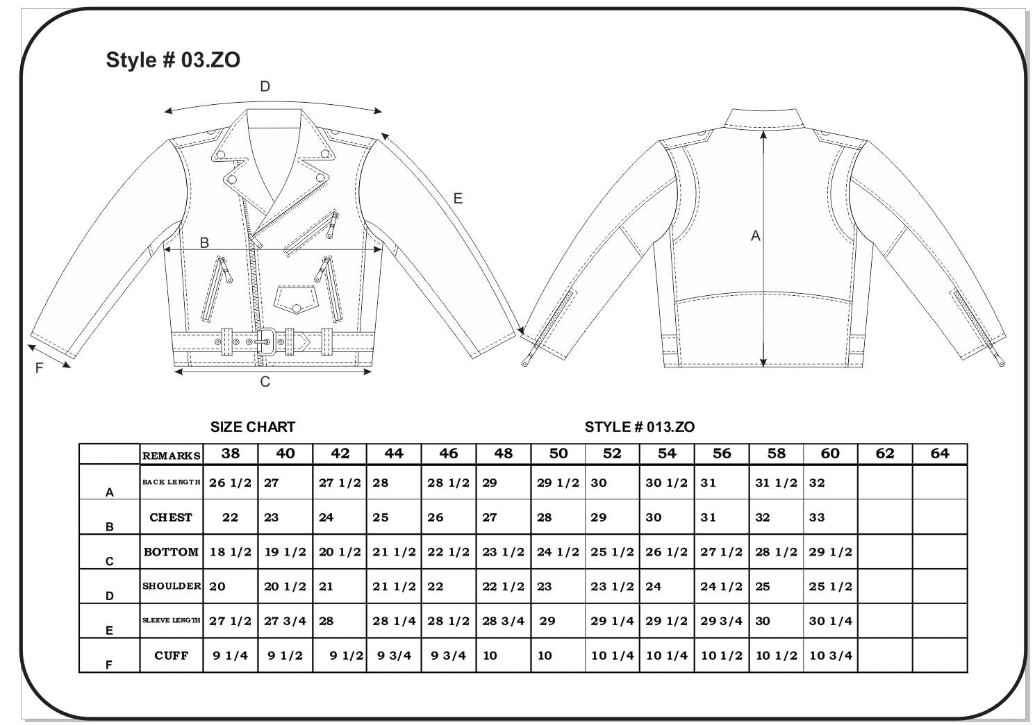 Technical drawing of a jacket with measurements