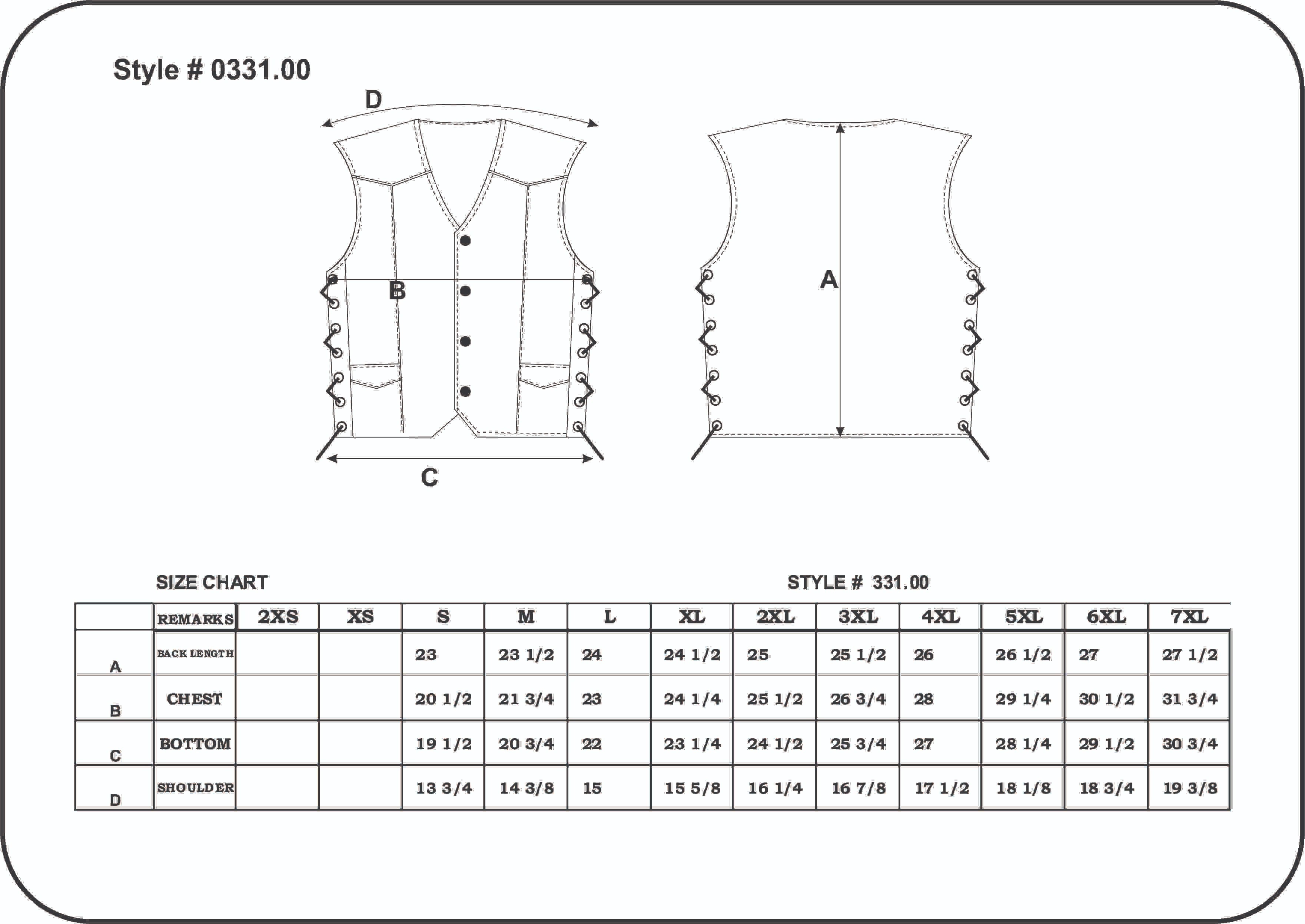drawing of a vest with measurements and size chart 