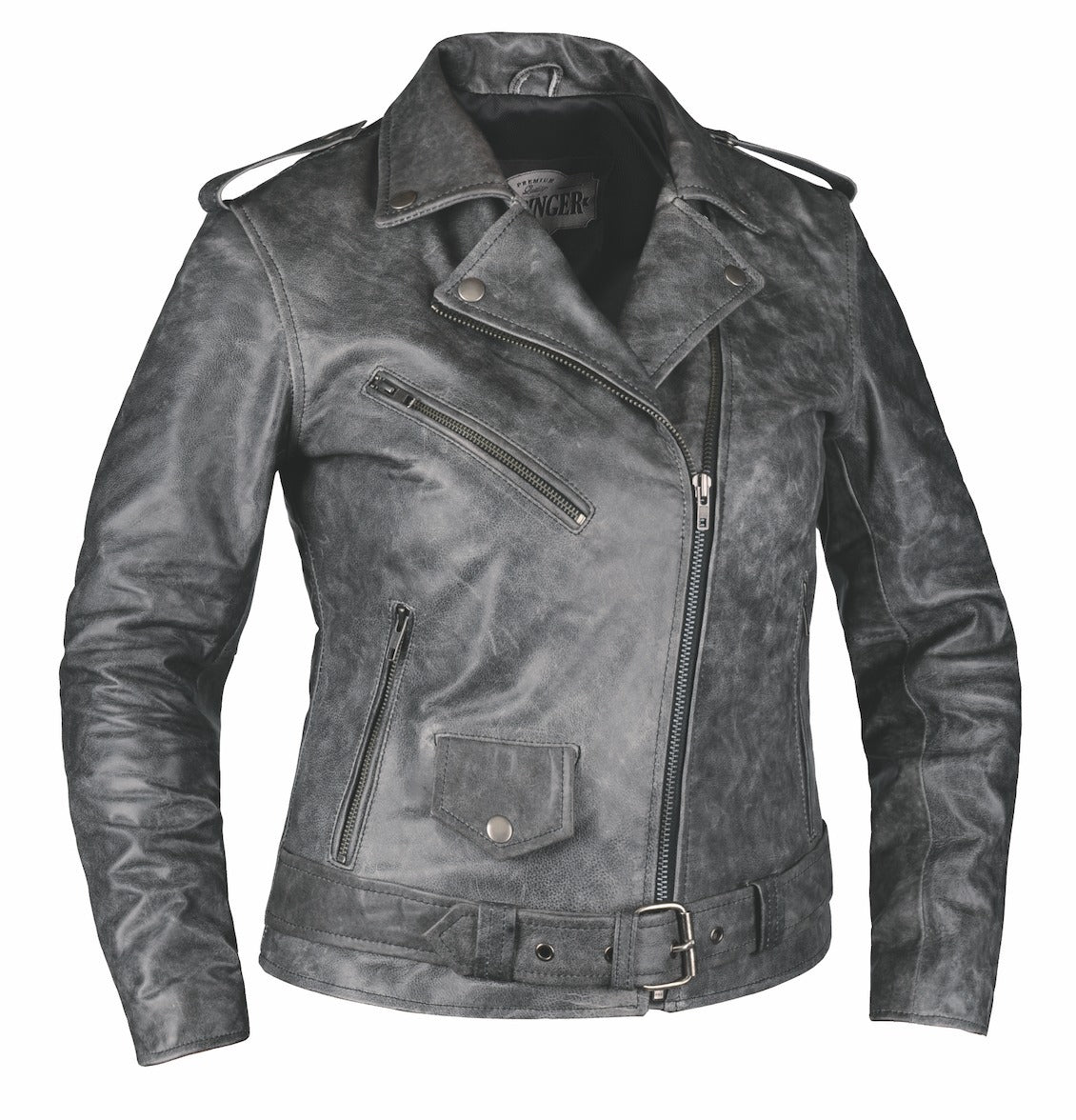  Crafted from luxurious lambskin leather in timeless gray, this jacket combines traditional design elements with practical features, making it a versatile addition to your wardrobe