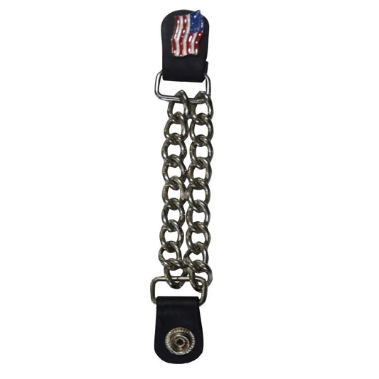 Leather vest extender with a chrome USA flag emblem and heavy-duty snap closures for a secure fit