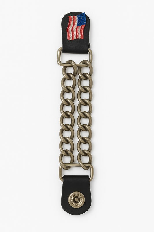 Leather vest extender with a chrome USA flag emblem and heavy-duty snap closures for a secure fit