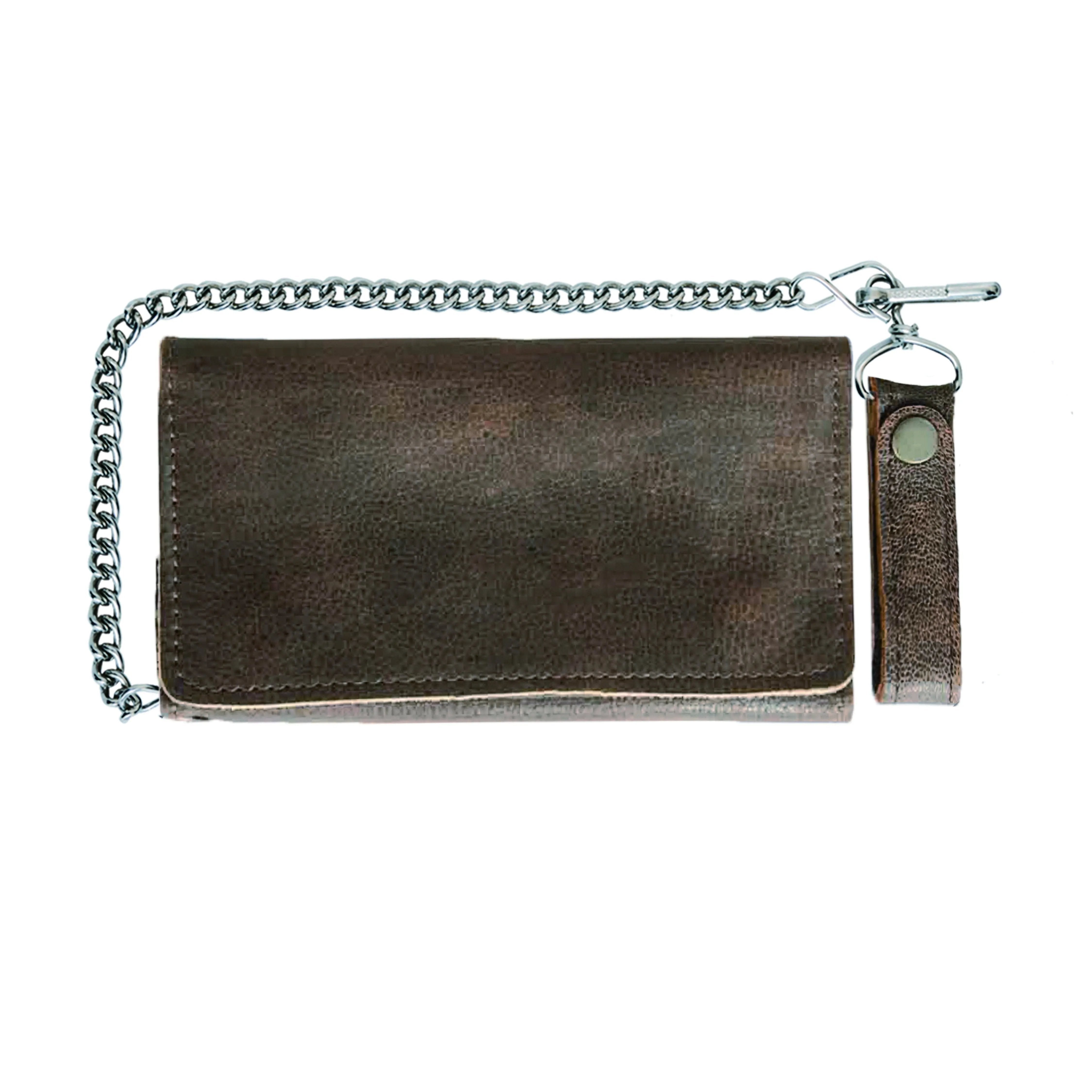 Brown Trifold Leather Biker Chain Wallet