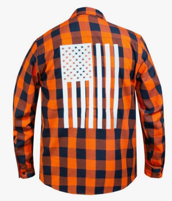 Mens Reflective USA Flag Black and Orange Flannel Shirt
