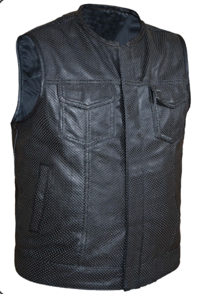 Mens Short Leather Perforated Club Vest - Black