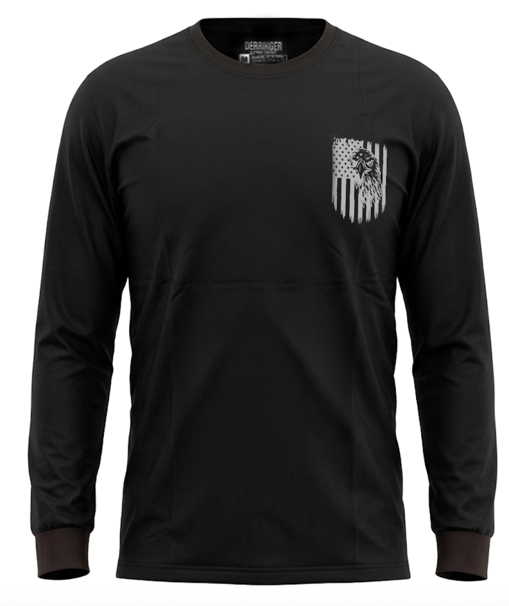 Men's Black Long Sleeve T-Shirt with American Eagle & Flag Print