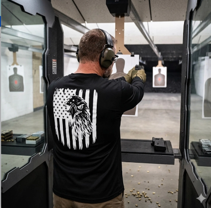 Men's Black Long Sleeve T-Shirt with American Eagle & Flag Print