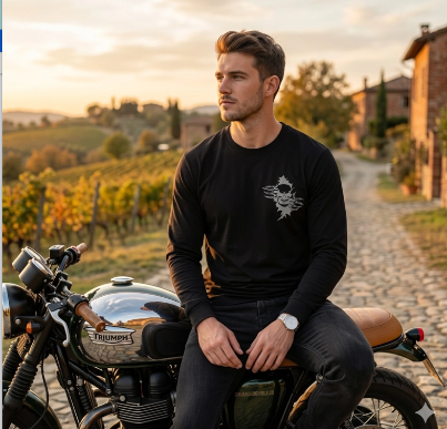 Men's Black Long Sleeve T-Shirt with Skull Graphic Print