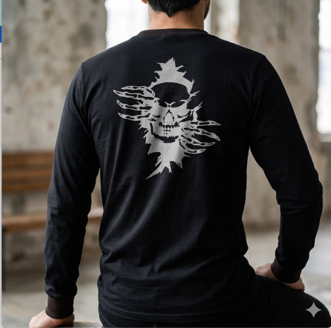 Men's Black Long Sleeve T-Shirt with Skull Graphic Print